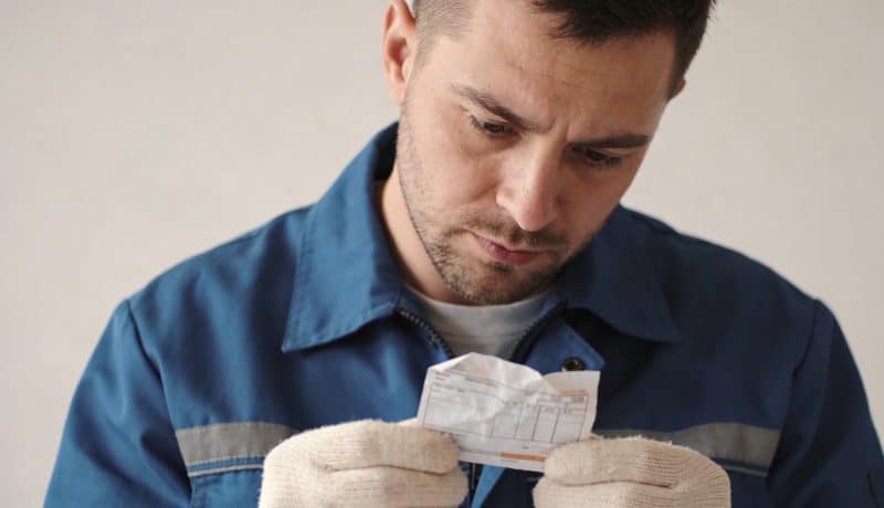 ouvrier pensif verifiant petite fiche de paie froissee