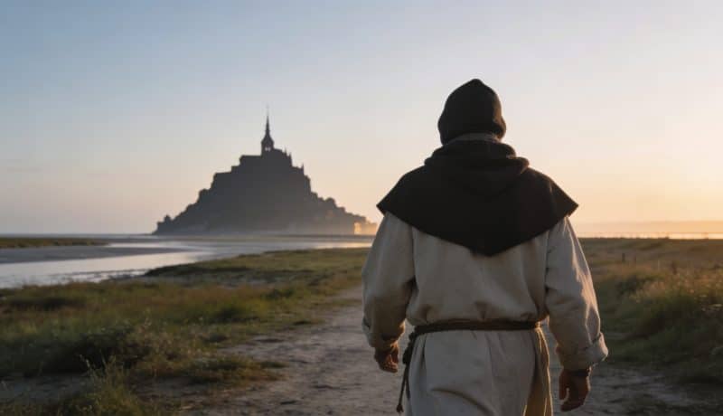 Pelerin marchant vers le Mont Saint Michel au lever du soleil