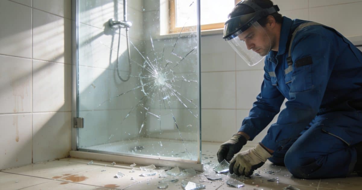Vitrier inspectant douche en verre brisee, eclats au sol